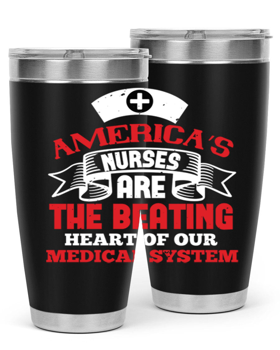 America's Nurses Style 295# tumbler in stainless steel with a vibrant print, showcasing its double wall vacuum design and drink-thru lid.