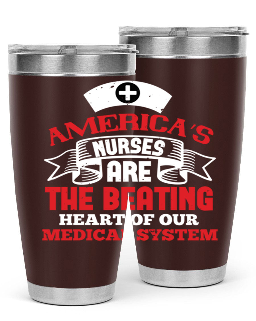 America's Nurses Style 295# tumbler in stainless steel with a vibrant print, showcasing its double wall vacuum design and drink-thru lid.