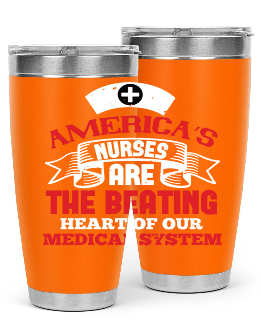 America's Nurses Style 295# tumbler in stainless steel with a vibrant print, showcasing its double wall vacuum design and drink-thru lid.