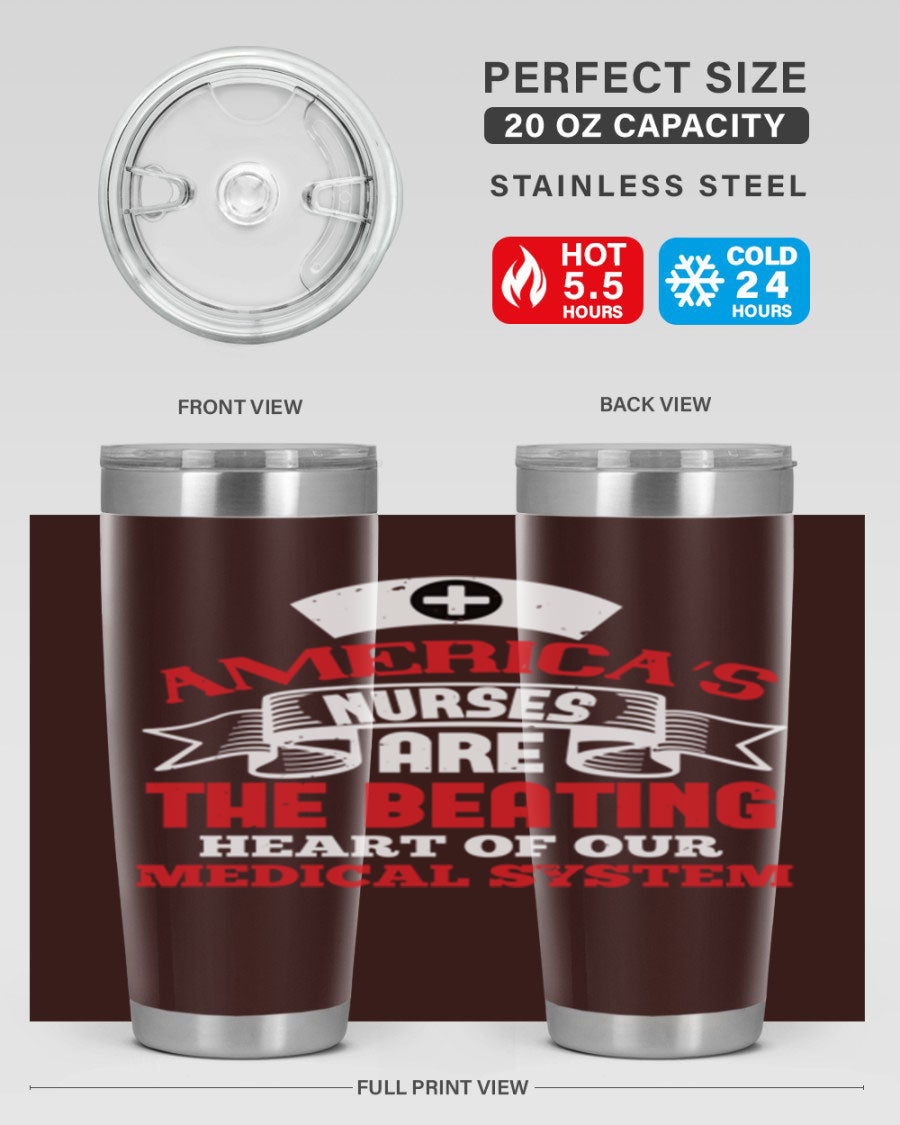 America's Nurses Style 295# tumbler in stainless steel with a vibrant print, showcasing its double wall vacuum design and drink-thru lid.