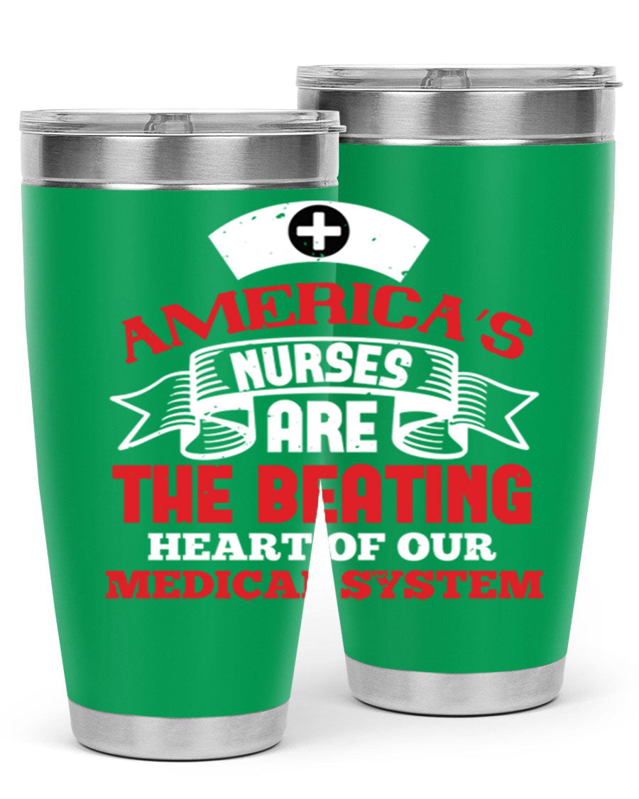 America's Nurses Style 295# tumbler in stainless steel with a vibrant print, showcasing its double wall vacuum design and drink-thru lid.