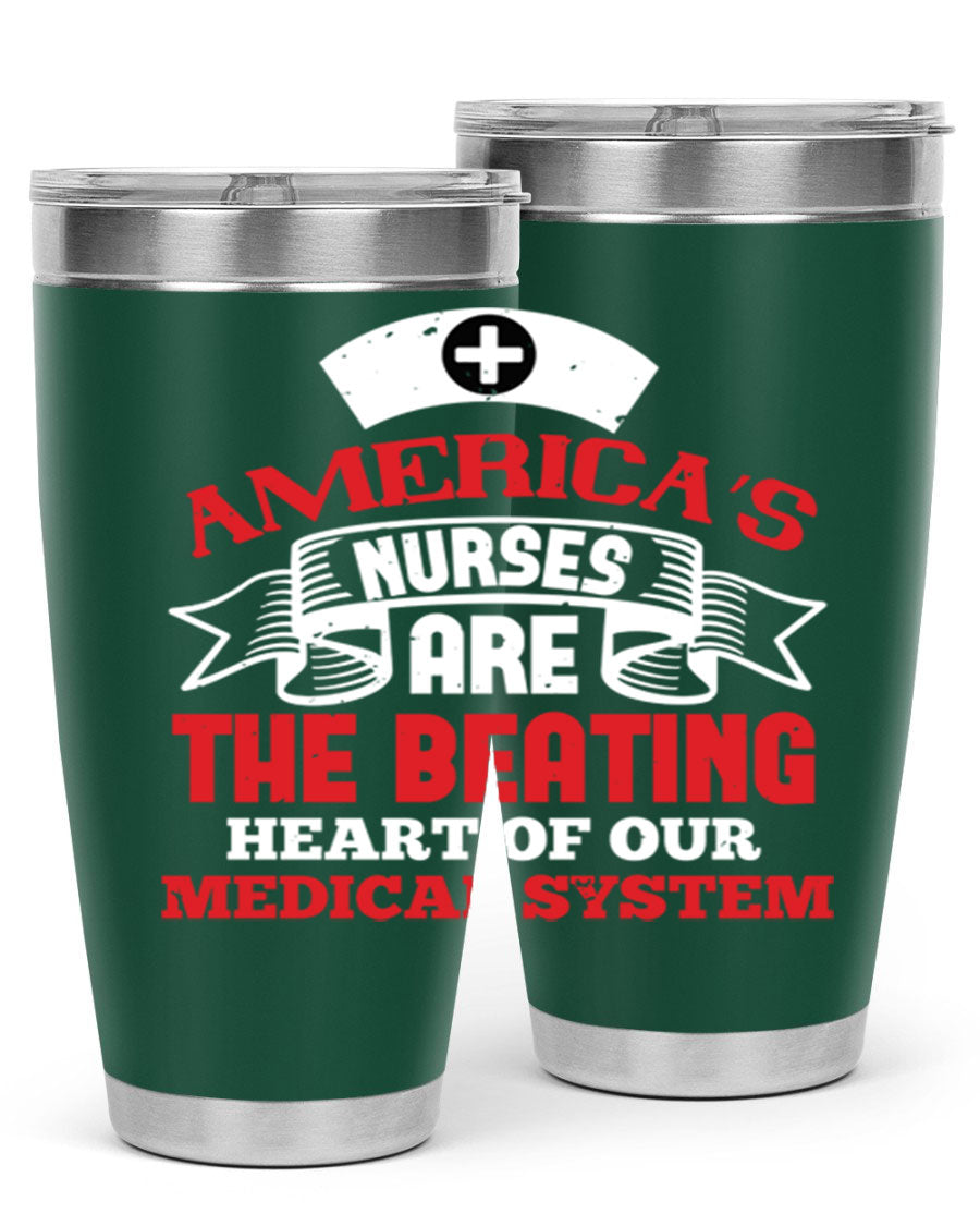 America's Nurses Style 295# tumbler in stainless steel with a vibrant print, showcasing its double wall vacuum design and drink-thru lid.