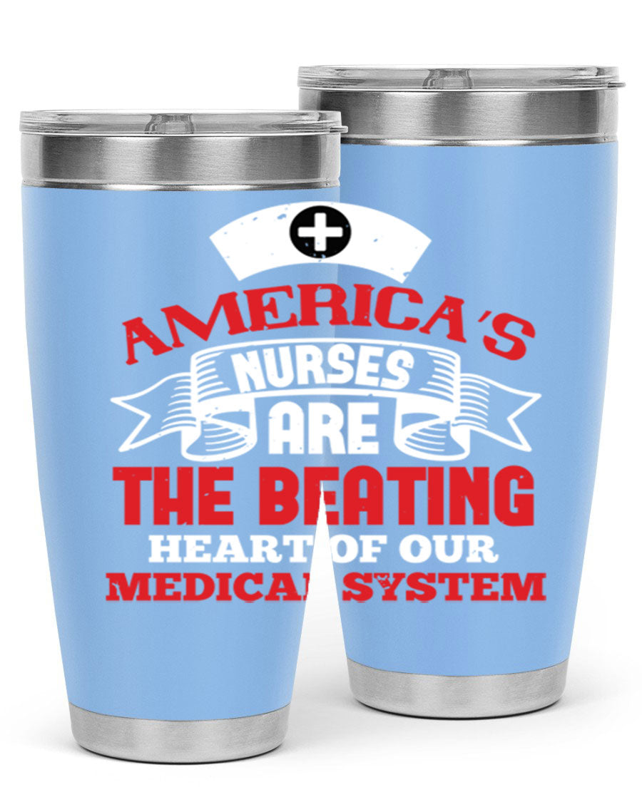 America's Nurses Style 295# tumbler in stainless steel with a vibrant print, showcasing its double wall vacuum design and drink-thru lid.