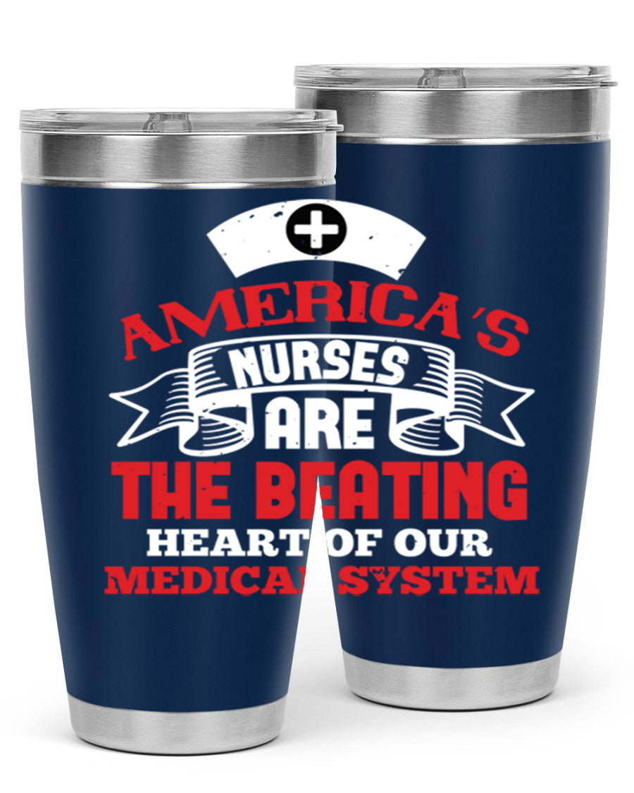 America's Nurses Style 295# tumbler in stainless steel with a vibrant print, showcasing its double wall vacuum design and drink-thru lid.