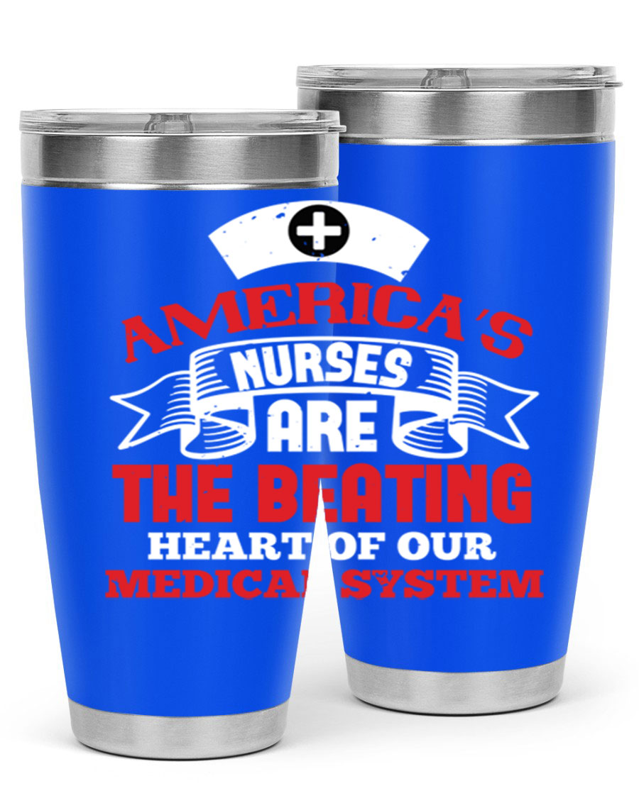 America's Nurses Style 295# tumbler in stainless steel with a vibrant print, showcasing its double wall vacuum design and drink-thru lid.