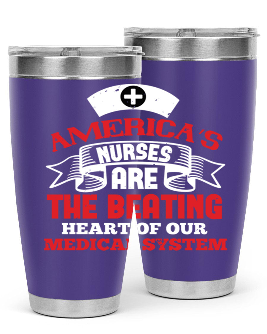 America's Nurses Style 295# tumbler in stainless steel with a vibrant print, showcasing its double wall vacuum design and drink-thru lid.