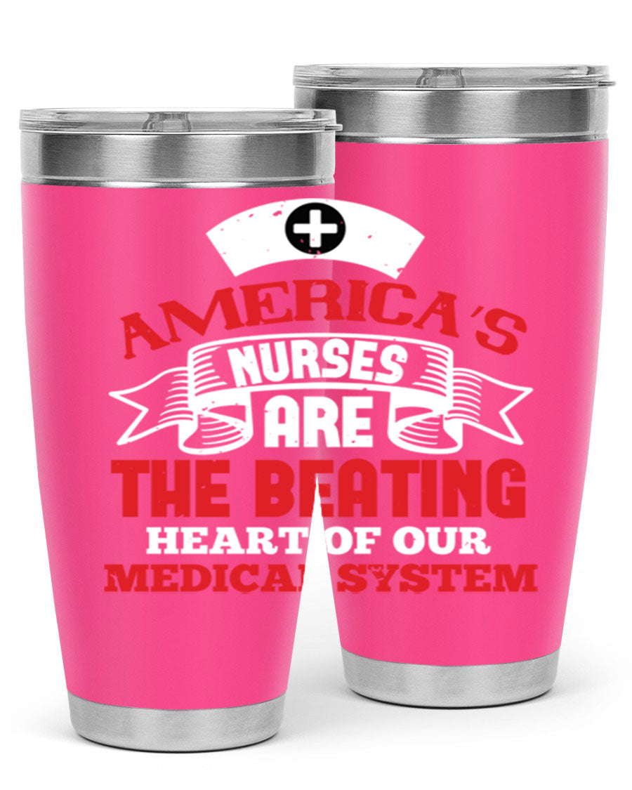 America's Nurses Style 295# tumbler in stainless steel with a vibrant print, showcasing its double wall vacuum design and drink-thru lid.