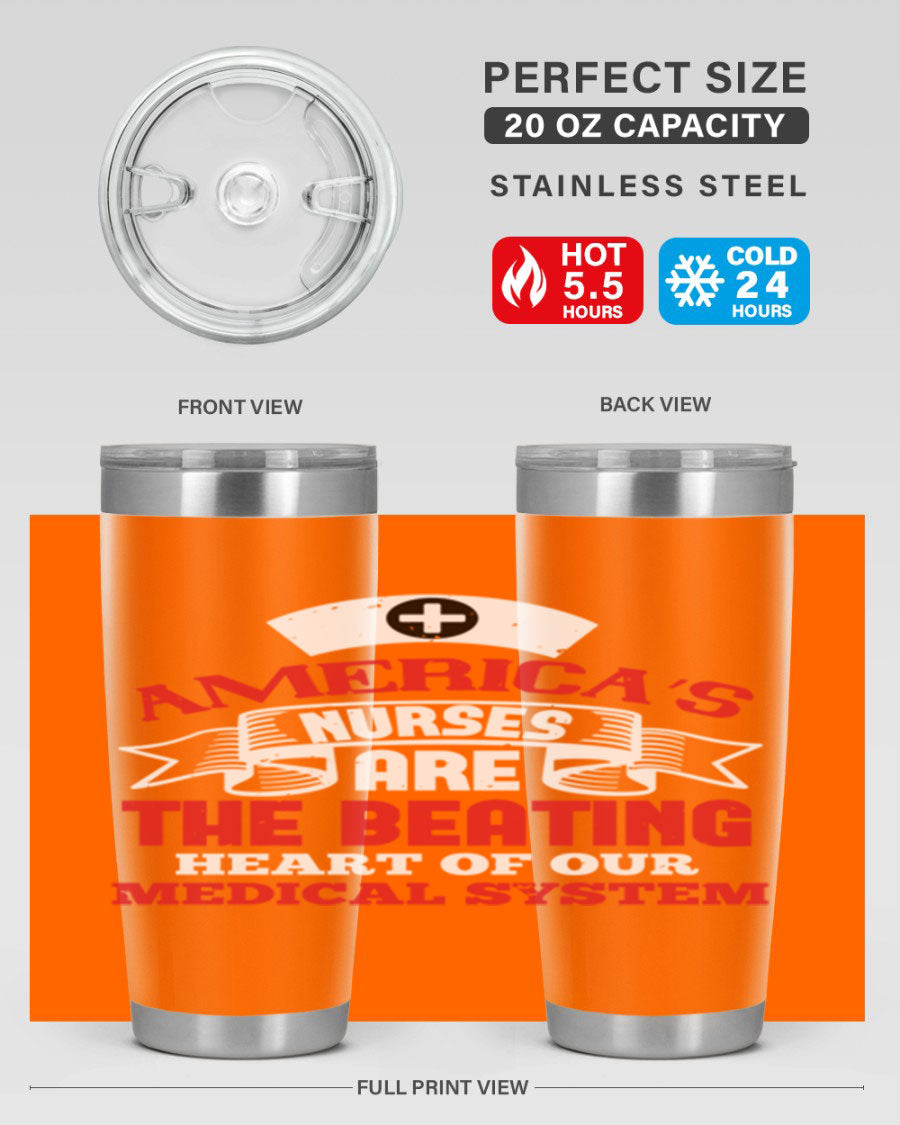 America's Nurses Style 295# tumbler in stainless steel with a vibrant print, showcasing its double wall vacuum design and drink-thru lid.