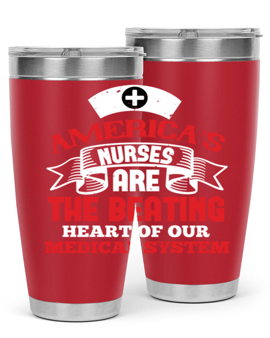 America's Nurses Style 295# tumbler in stainless steel with a vibrant print, showcasing its double wall vacuum design and drink-thru lid.