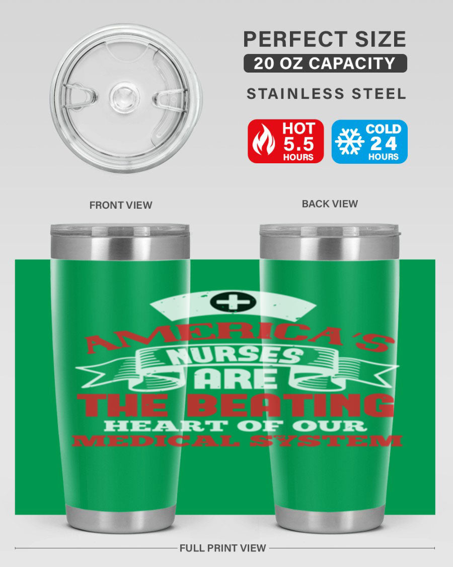 America's Nurses Style 295# tumbler in stainless steel with a vibrant print, showcasing its double wall vacuum design and drink-thru lid.