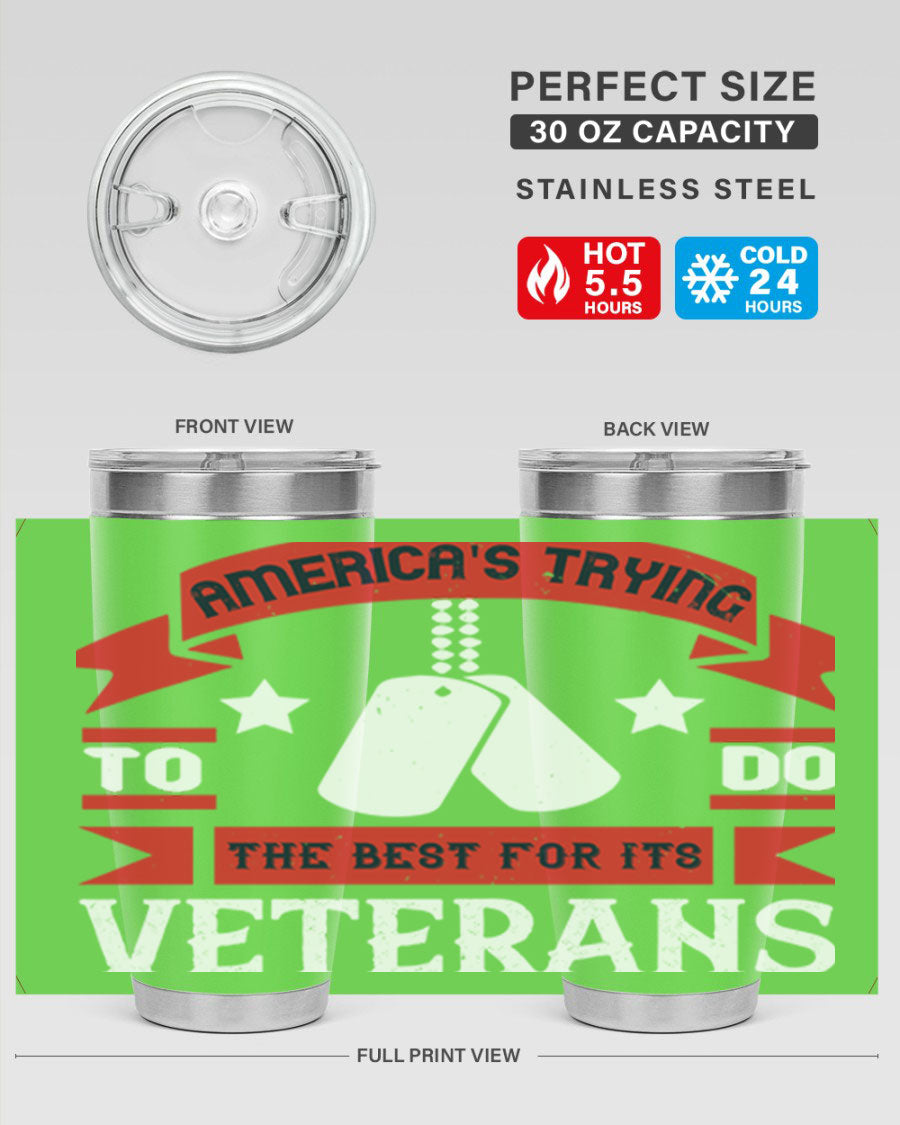 20oz and 30oz stainless steel tumblers designed for veterans, featuring double wall vacuum insulation and a drink-thru lid.