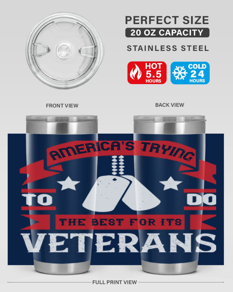 20oz and 30oz stainless steel tumblers designed for veterans, featuring double wall vacuum insulation and a drink-thru lid.