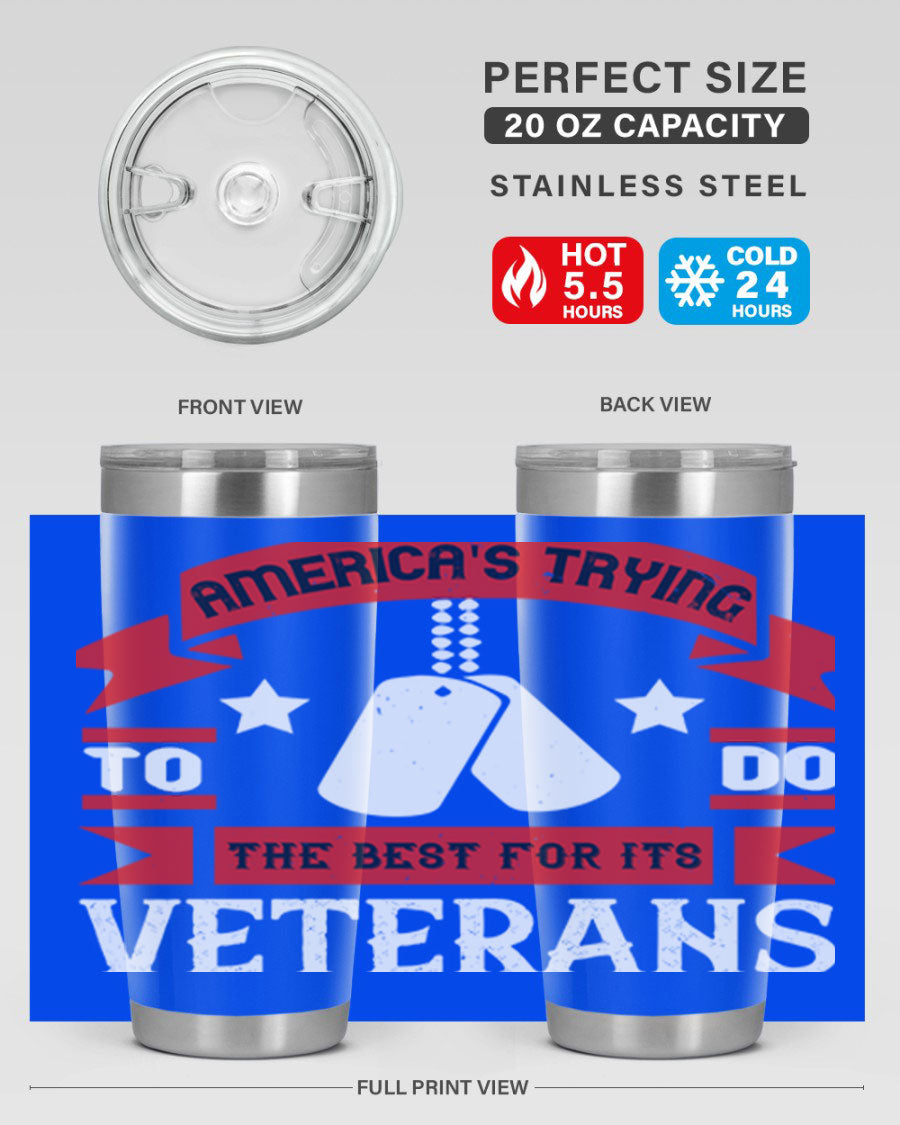 20oz and 30oz stainless steel tumblers designed for veterans, featuring double wall vacuum insulation and a drink-thru lid.