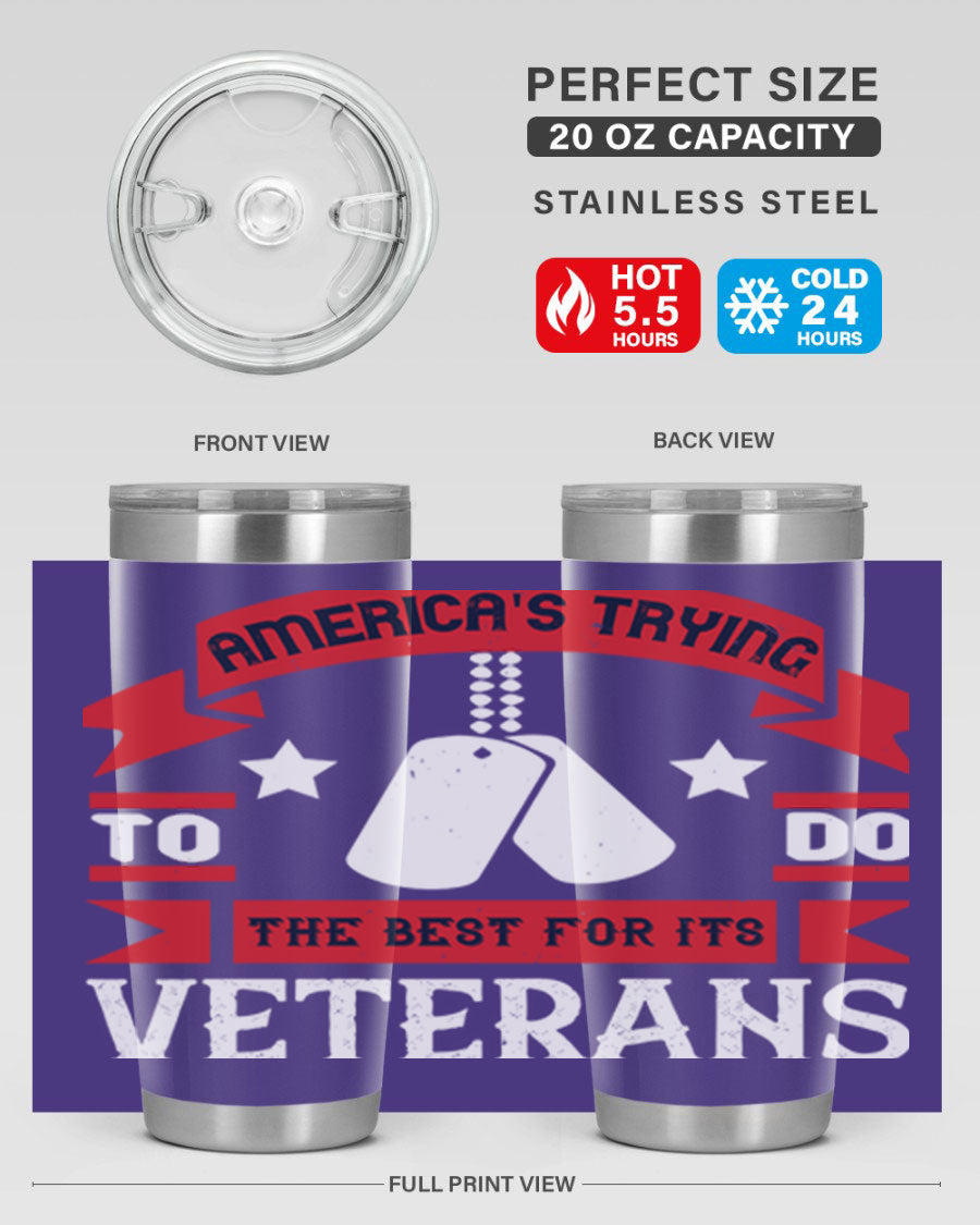 20oz and 30oz stainless steel tumblers designed for veterans, featuring double wall vacuum insulation and a drink-thru lid.