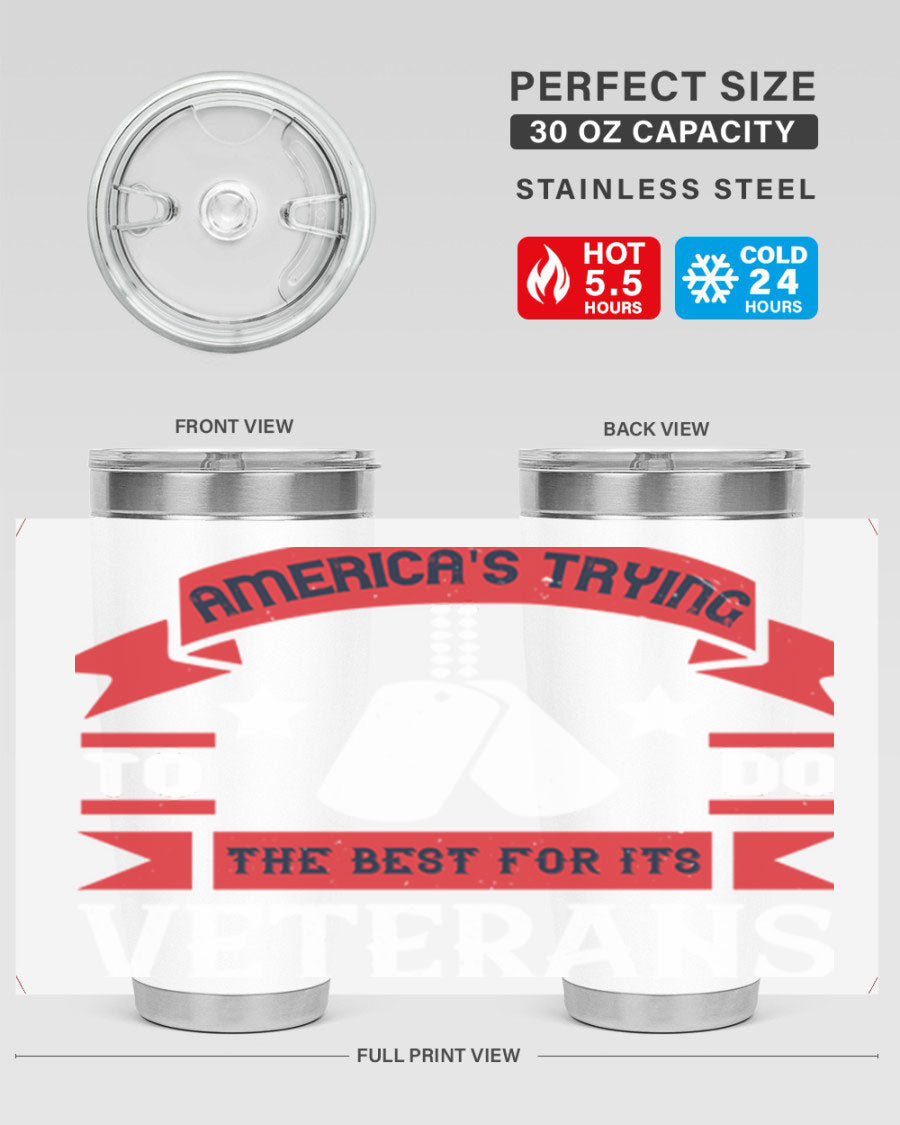 20oz and 30oz stainless steel tumblers designed for veterans, featuring double wall vacuum insulation and a drink-thru lid.