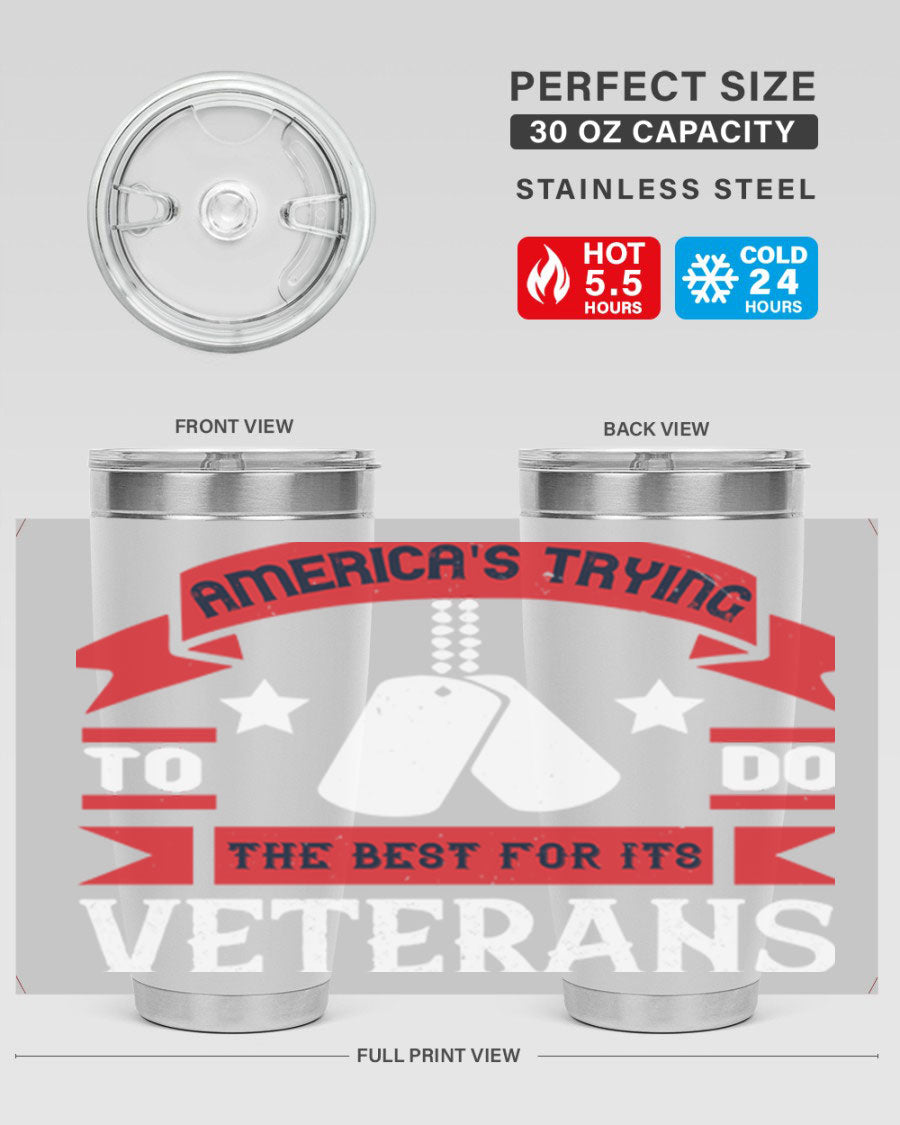 20oz and 30oz stainless steel tumblers designed for veterans, featuring double wall vacuum insulation and a drink-thru lid.