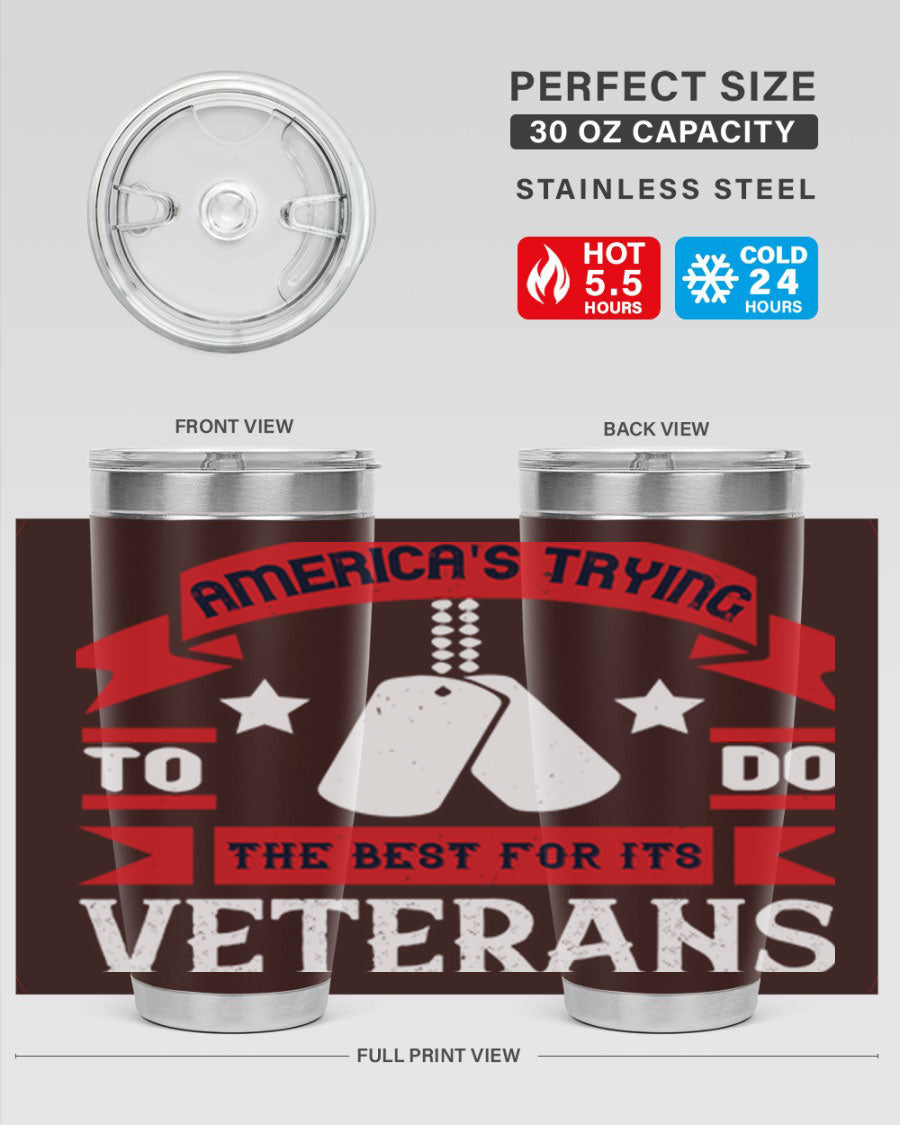 20oz and 30oz stainless steel tumblers designed for veterans, featuring double wall vacuum insulation and a drink-thru lid.