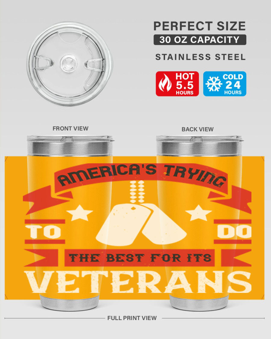 20oz and 30oz stainless steel tumblers designed for veterans, featuring double wall vacuum insulation and a drink-thru lid.