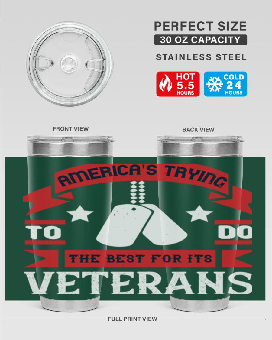 20oz and 30oz stainless steel tumblers designed for veterans, featuring double wall vacuum insulation and a drink-thru lid.