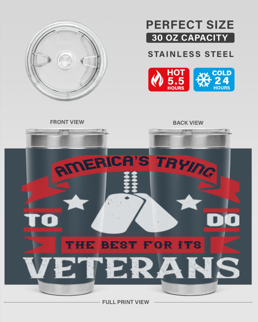20oz and 30oz stainless steel tumblers designed for veterans, featuring double wall vacuum insulation and a drink-thru lid.