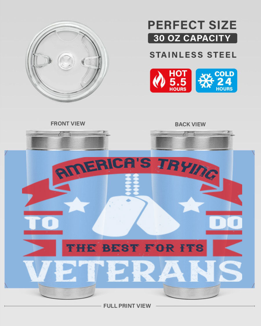 20oz and 30oz stainless steel tumblers designed for veterans, featuring double wall vacuum insulation and a drink-thru lid.