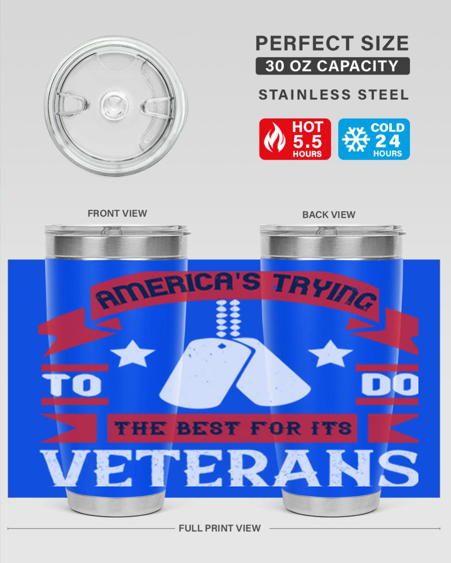 20oz and 30oz stainless steel tumblers designed for veterans, featuring double wall vacuum insulation and a drink-thru lid.