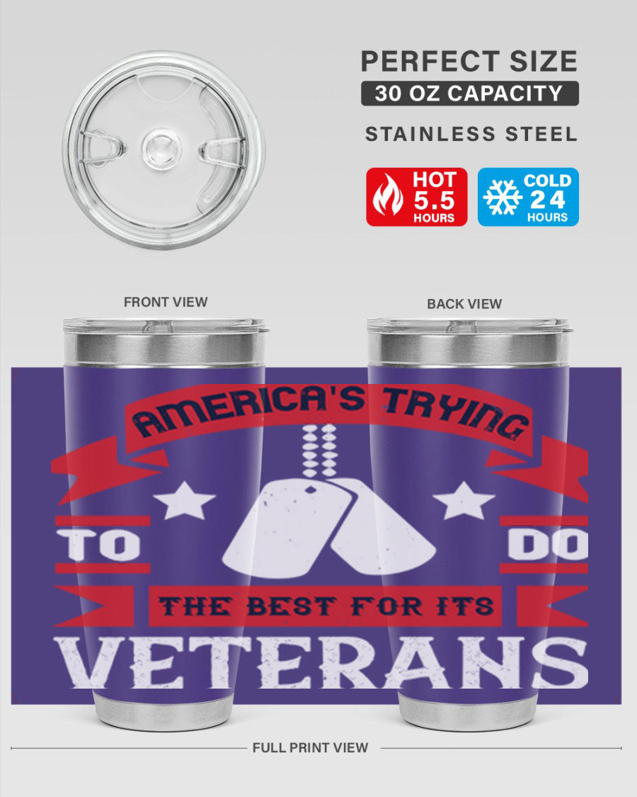20oz and 30oz stainless steel tumblers designed for veterans, featuring double wall vacuum insulation and a drink-thru lid.