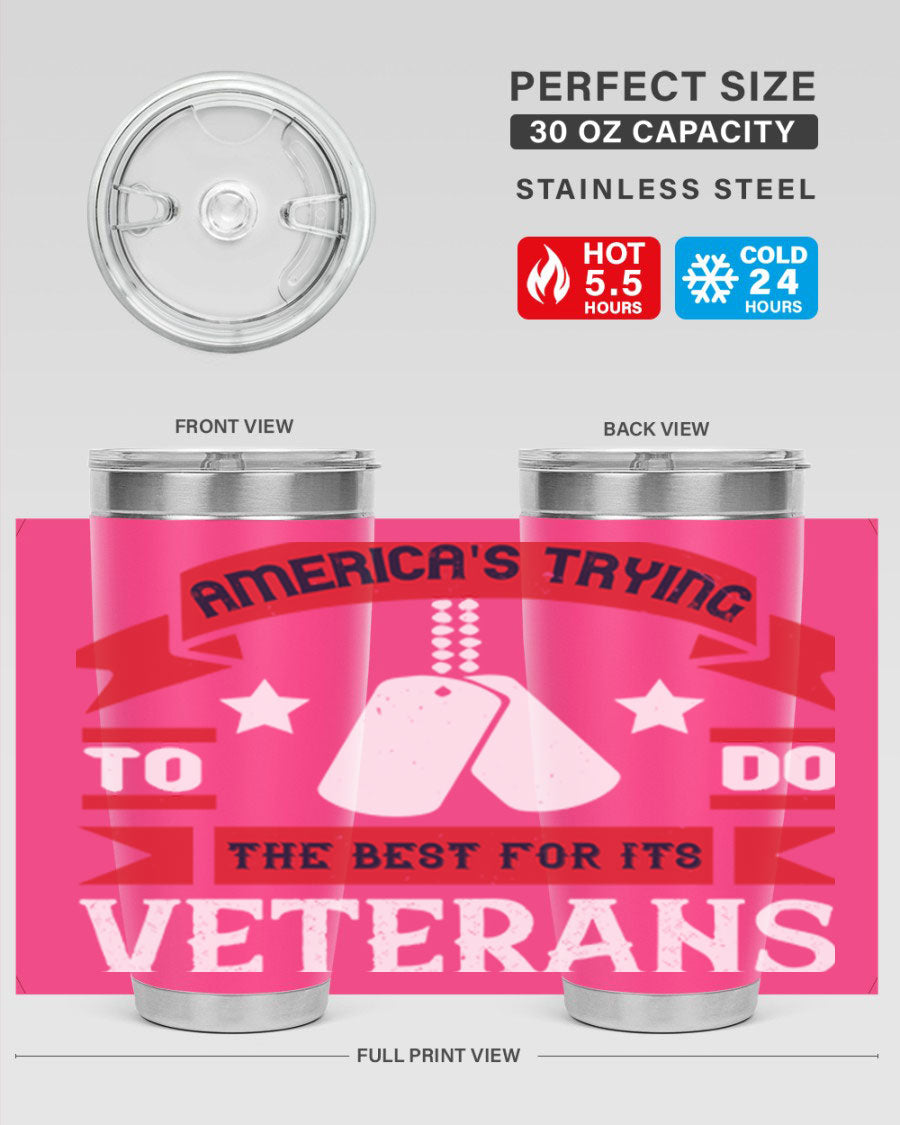 20oz and 30oz stainless steel tumblers designed for veterans, featuring double wall vacuum insulation and a drink-thru lid.