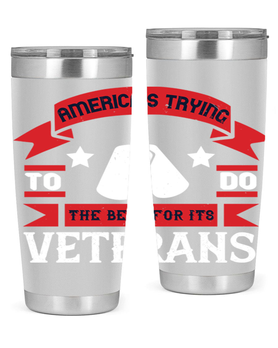 20oz and 30oz stainless steel tumblers designed for veterans, featuring double wall vacuum insulation and a drink-thru lid.