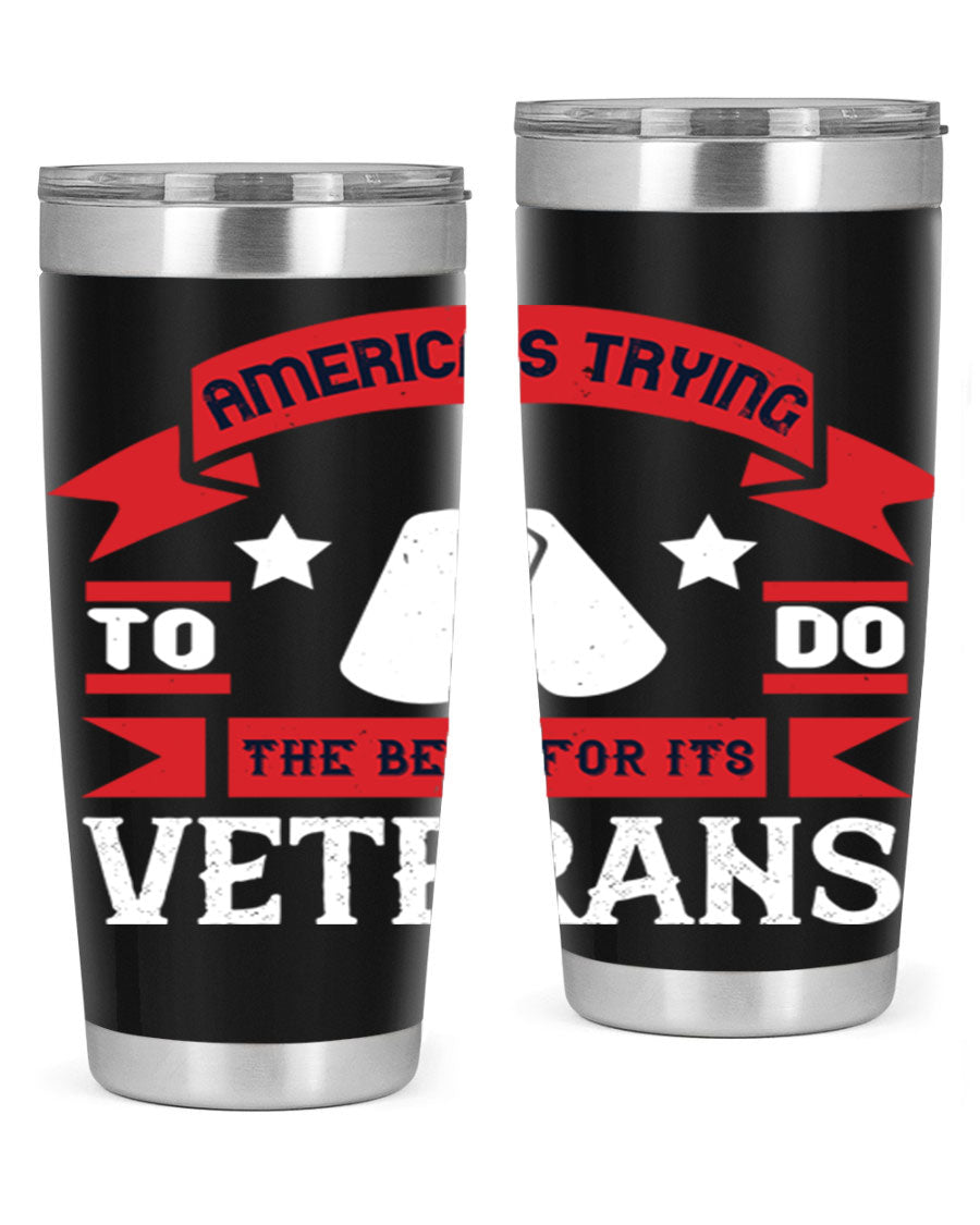 20oz and 30oz stainless steel tumblers designed for veterans, featuring double wall vacuum insulation and a drink-thru lid.