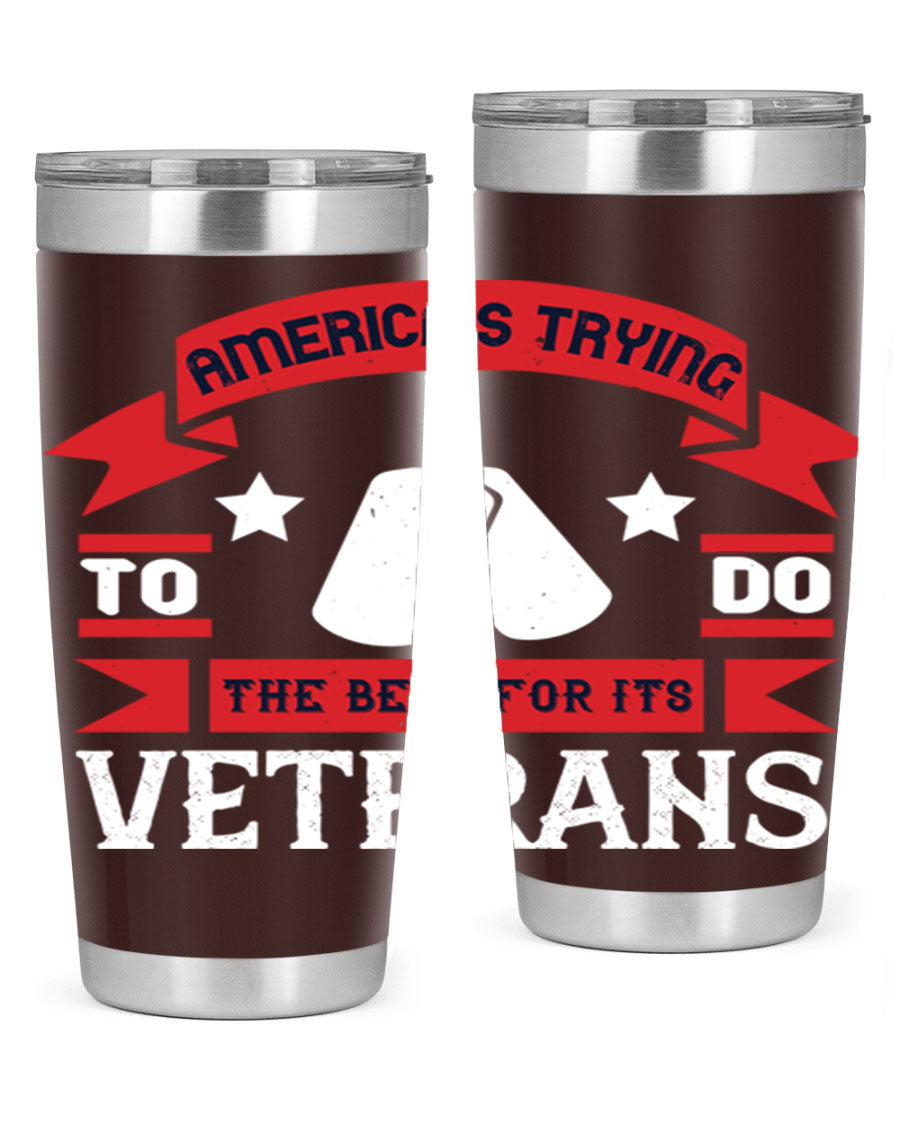 20oz and 30oz stainless steel tumblers designed for veterans, featuring double wall vacuum insulation and a drink-thru lid.