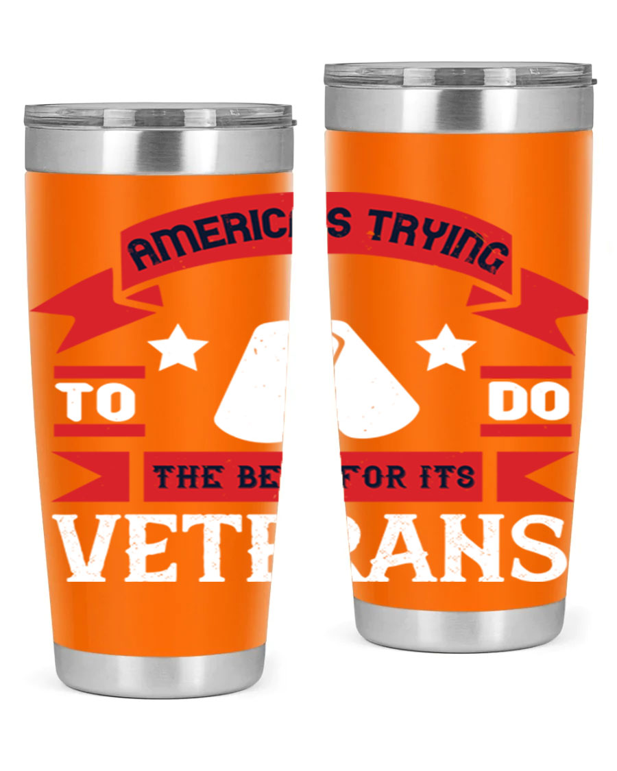 20oz and 30oz stainless steel tumblers designed for veterans, featuring double wall vacuum insulation and a drink-thru lid.