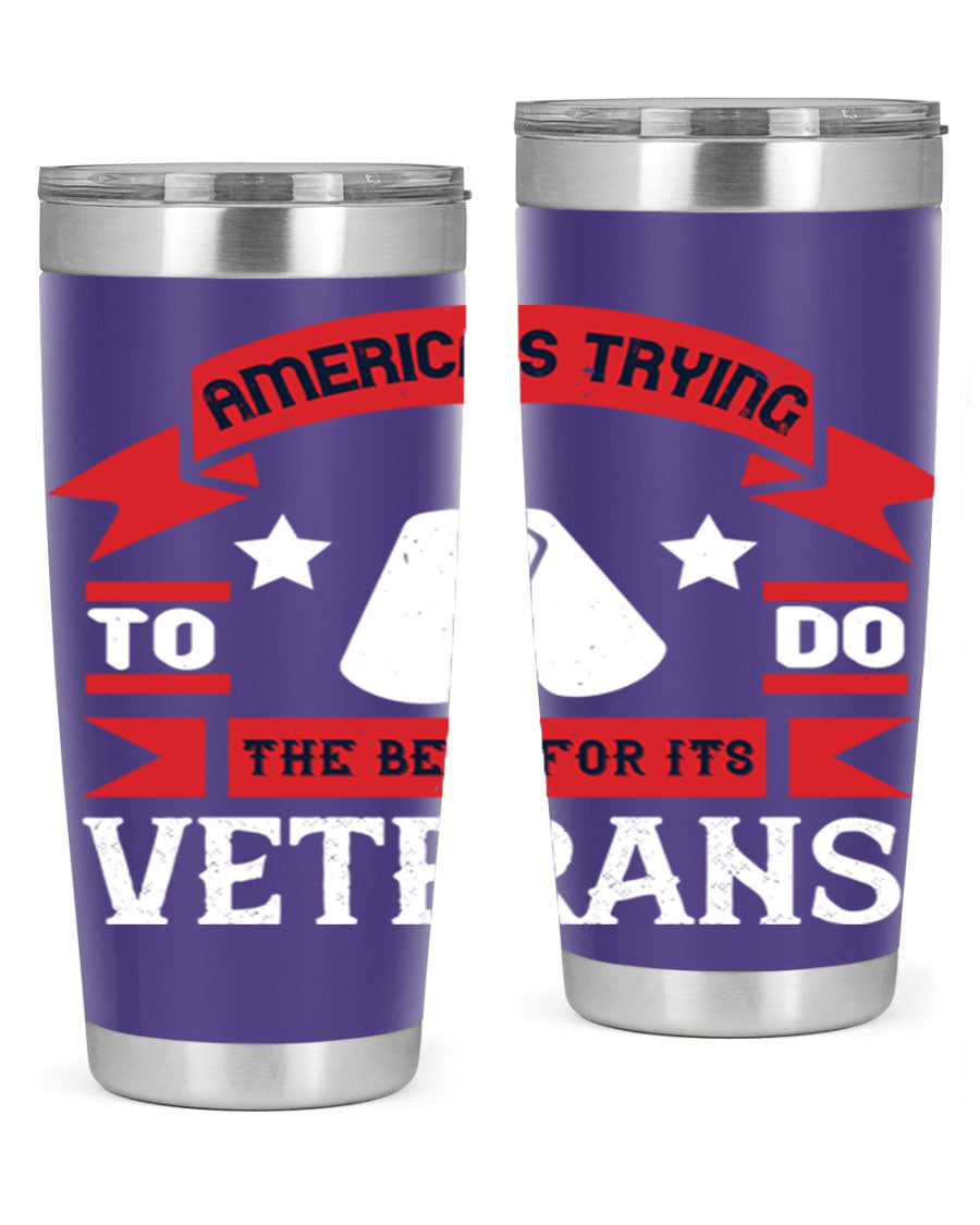 20oz and 30oz stainless steel tumblers designed for veterans, featuring double wall vacuum insulation and a drink-thru lid.