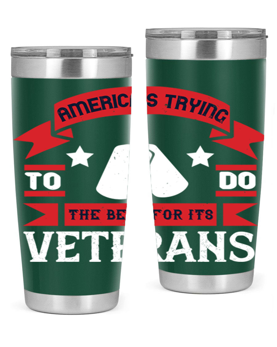 20oz and 30oz stainless steel tumblers designed for veterans, featuring double wall vacuum insulation and a drink-thru lid.