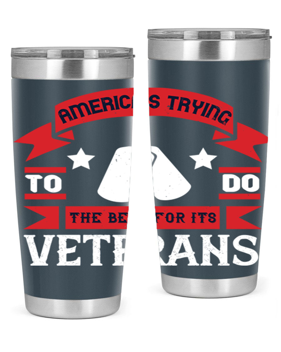 20oz and 30oz stainless steel tumblers designed for veterans, featuring double wall vacuum insulation and a drink-thru lid.