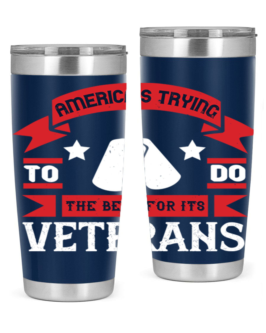 20oz and 30oz stainless steel tumblers designed for veterans, featuring double wall vacuum insulation and a drink-thru lid.
