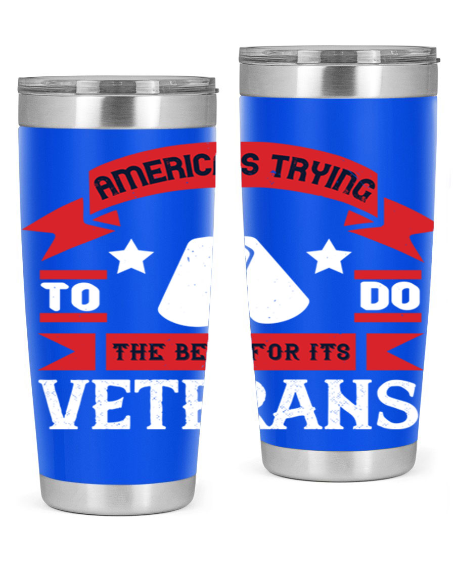 20oz and 30oz stainless steel tumblers designed for veterans, featuring double wall vacuum insulation and a drink-thru lid.