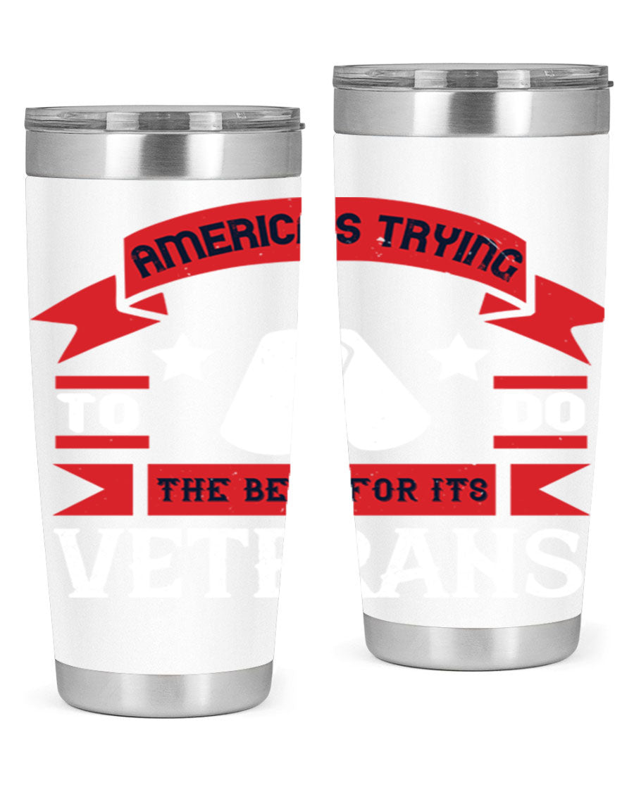 20oz and 30oz stainless steel tumblers designed for veterans, featuring double wall vacuum insulation and a drink-thru lid.