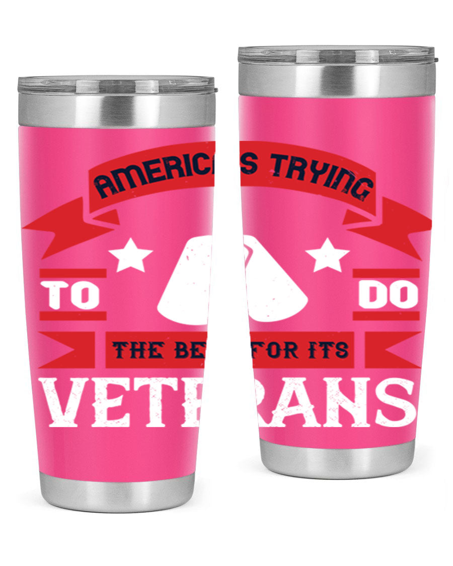 20oz and 30oz stainless steel tumblers designed for veterans, featuring double wall vacuum insulation and a drink-thru lid.
