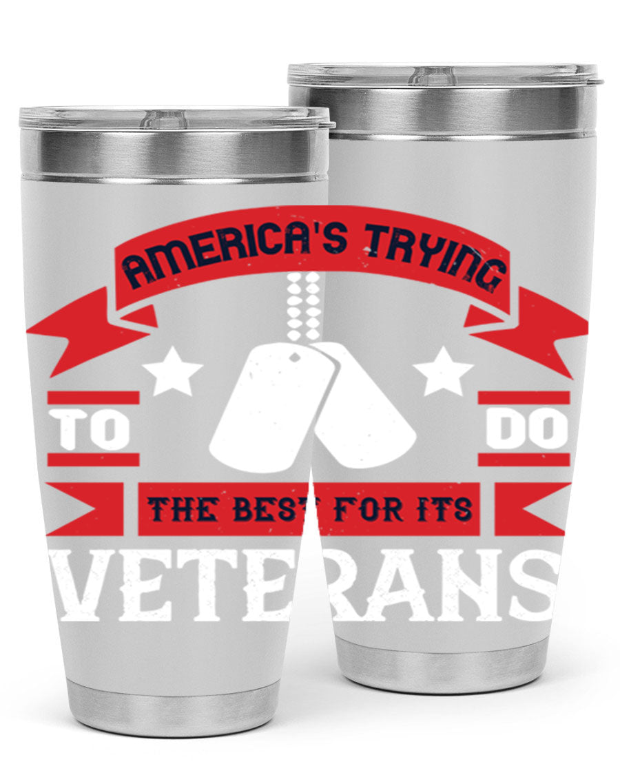 20oz and 30oz stainless steel tumblers designed for veterans, featuring double wall vacuum insulation and a drink-thru lid.