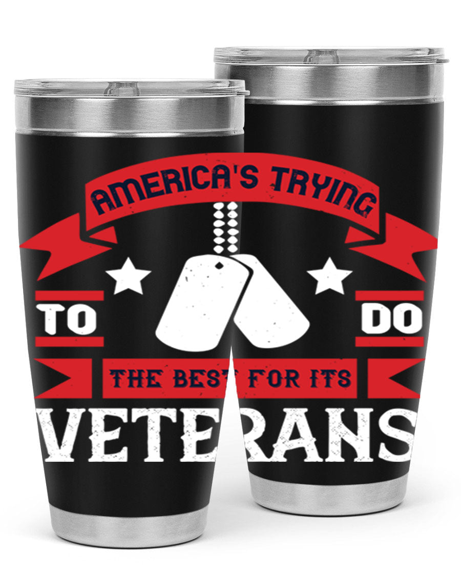 20oz and 30oz stainless steel tumblers designed for veterans, featuring double wall vacuum insulation and a drink-thru lid.