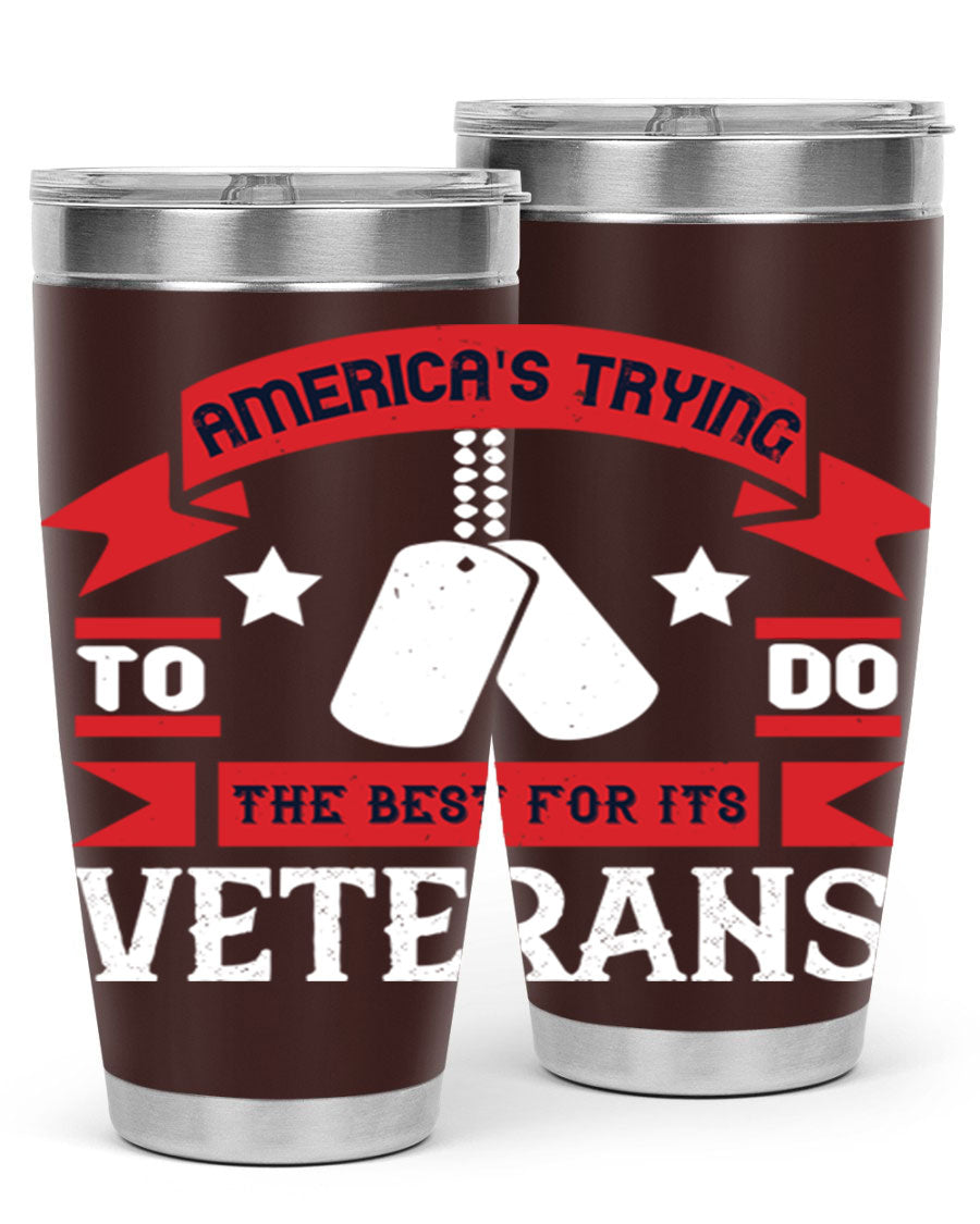 20oz and 30oz stainless steel tumblers designed for veterans, featuring double wall vacuum insulation and a drink-thru lid.