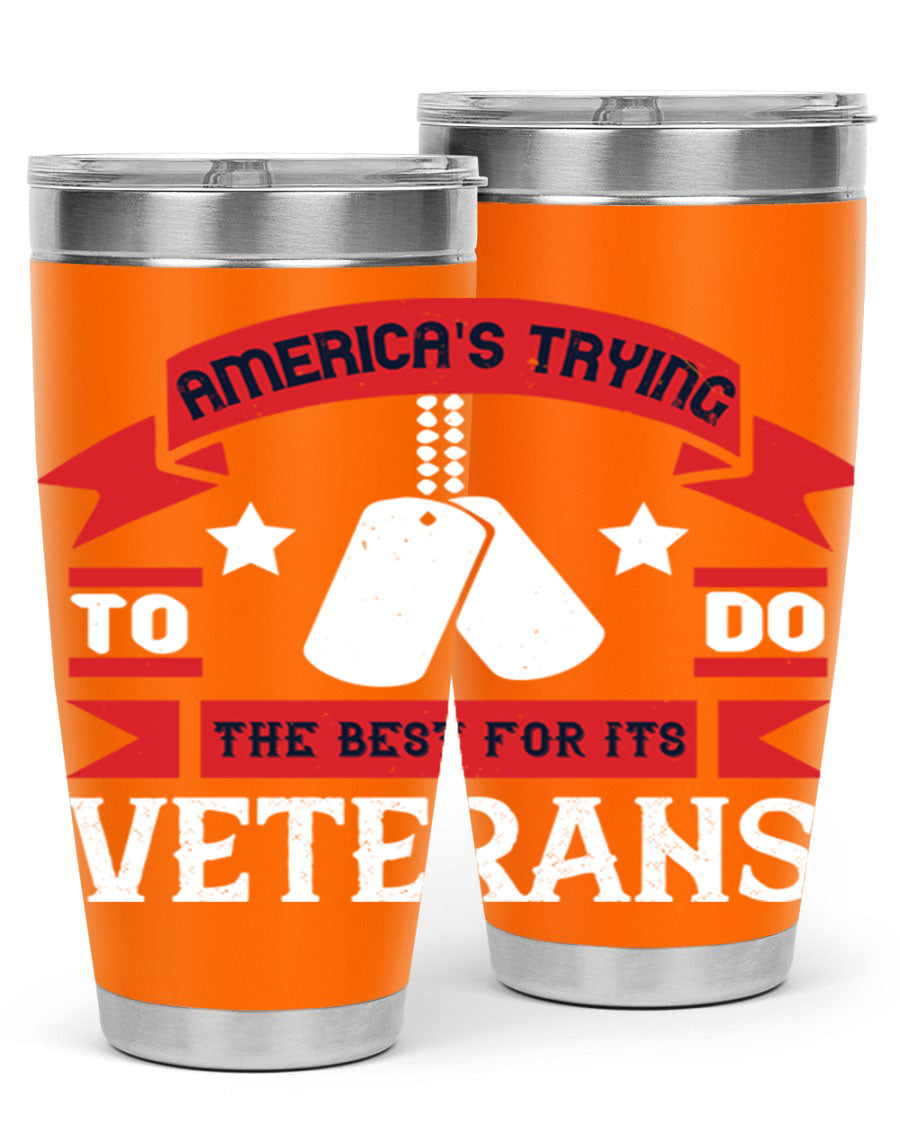 20oz and 30oz stainless steel tumblers designed for veterans, featuring double wall vacuum insulation and a drink-thru lid.