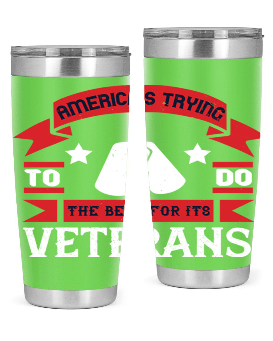 20oz and 30oz stainless steel tumblers designed for veterans, featuring double wall vacuum insulation and a drink-thru lid.