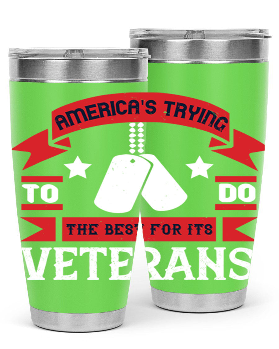 20oz and 30oz stainless steel tumblers designed for veterans, featuring double wall vacuum insulation and a drink-thru lid.
