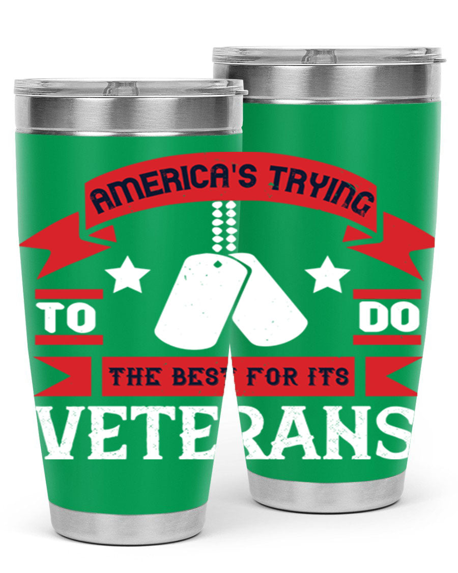 20oz and 30oz stainless steel tumblers designed for veterans, featuring double wall vacuum insulation and a drink-thru lid.