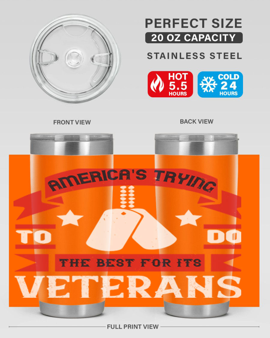 20oz and 30oz stainless steel tumblers designed for veterans, featuring double wall vacuum insulation and a drink-thru lid.