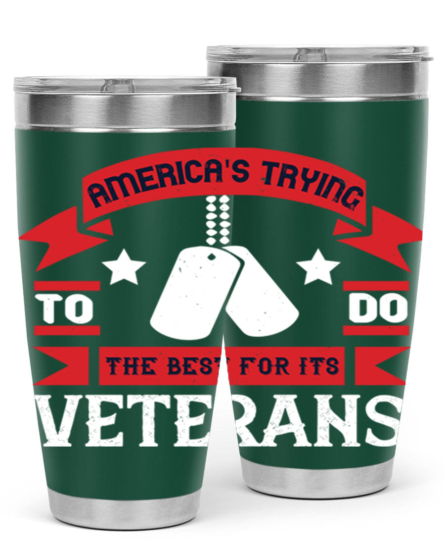 20oz and 30oz stainless steel tumblers designed for veterans, featuring double wall vacuum insulation and a drink-thru lid.