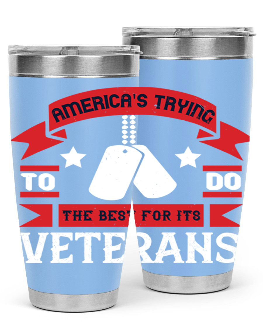 20oz and 30oz stainless steel tumblers designed for veterans, featuring double wall vacuum insulation and a drink-thru lid.