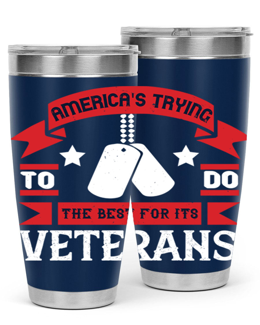 20oz and 30oz stainless steel tumblers designed for veterans, featuring double wall vacuum insulation and a drink-thru lid.